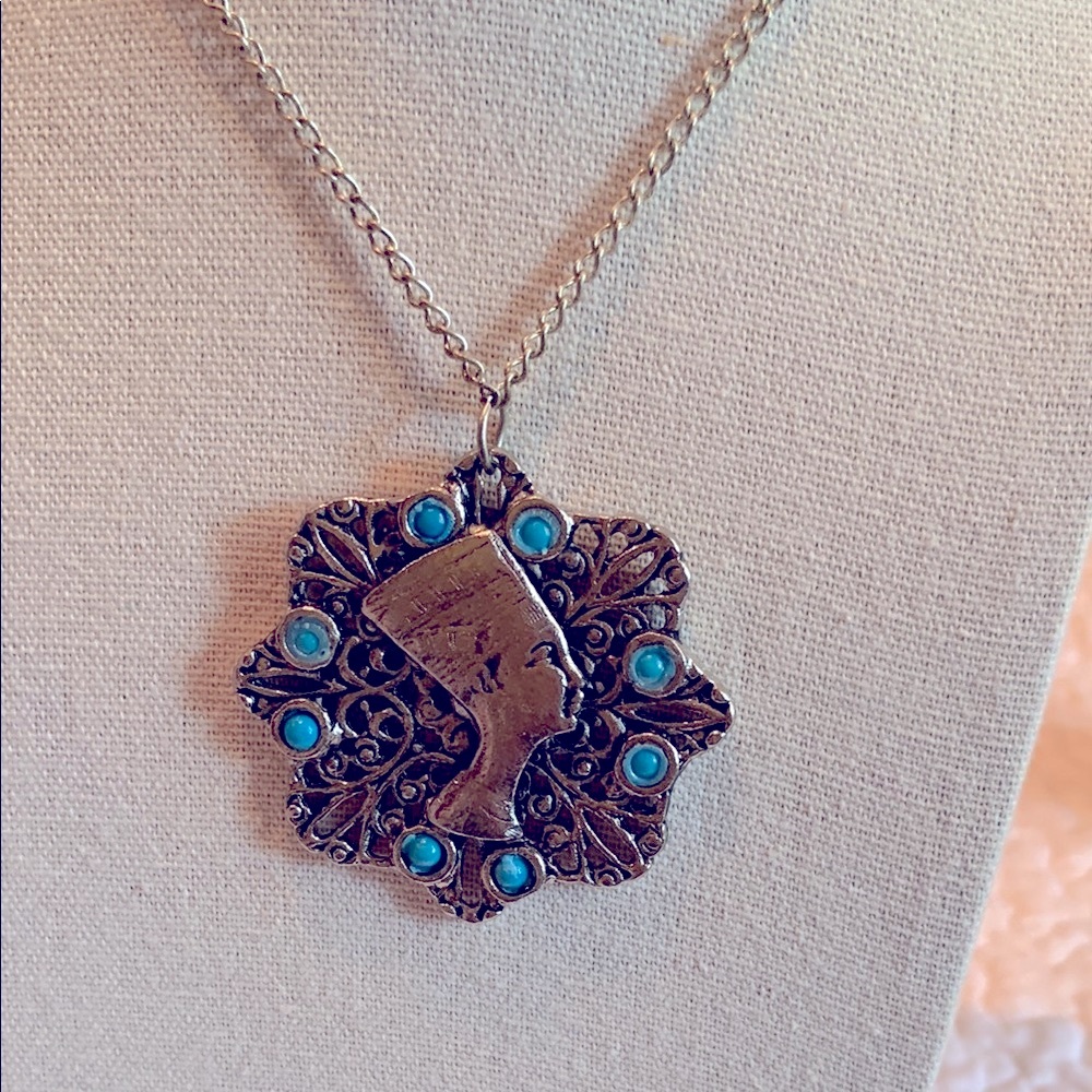 Elegant Silver Tone and Turquoise Egyptian Pendant Necklace